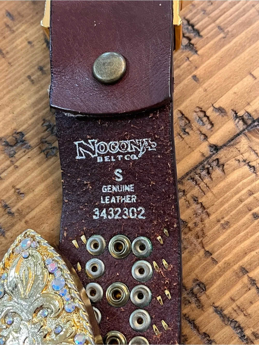 Nocona Genuine Leather Western Belt – Gold Engraved Rhinestone Buckle – Brown